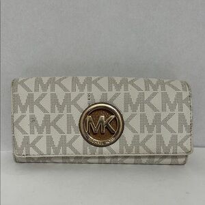 Michael Kors White MK Logo Continental Wallet with Gold Emblem